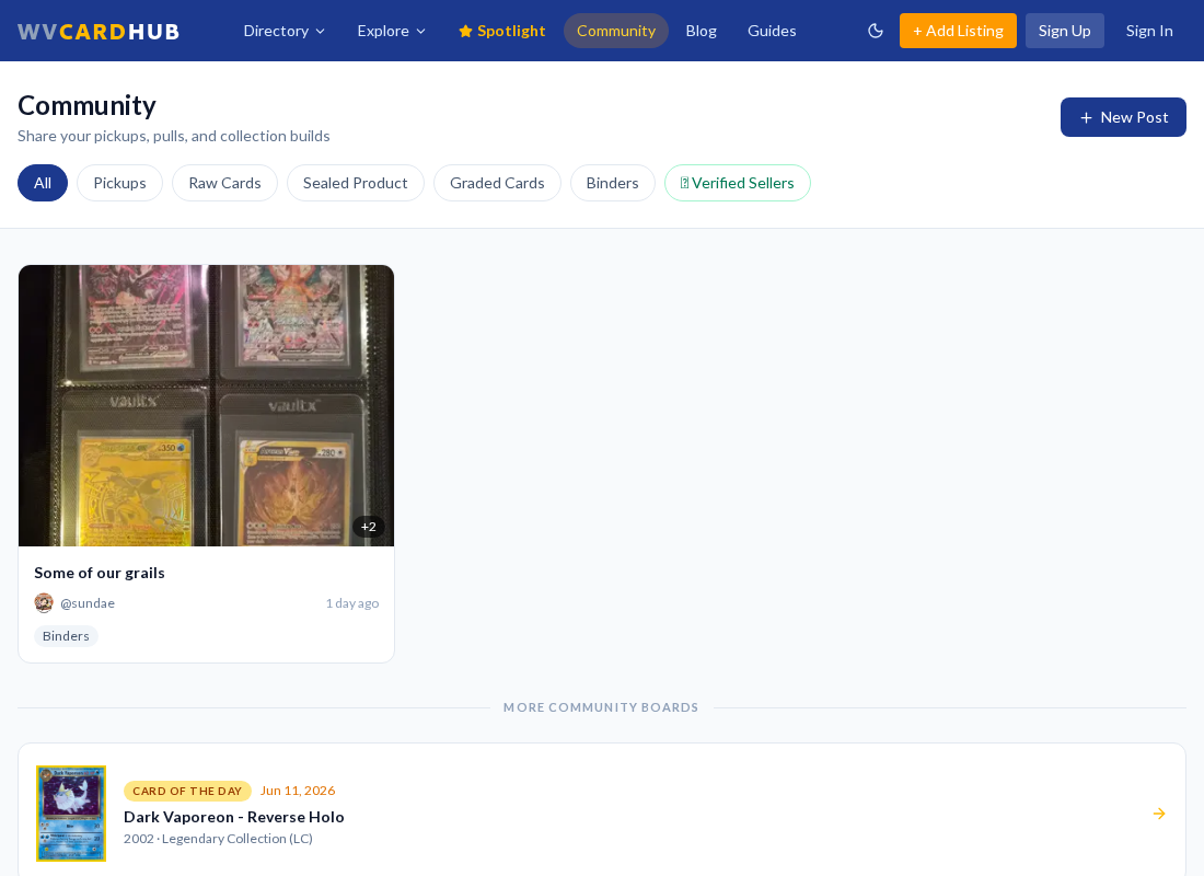 The Community page showing the discussion boards with category filters and a post