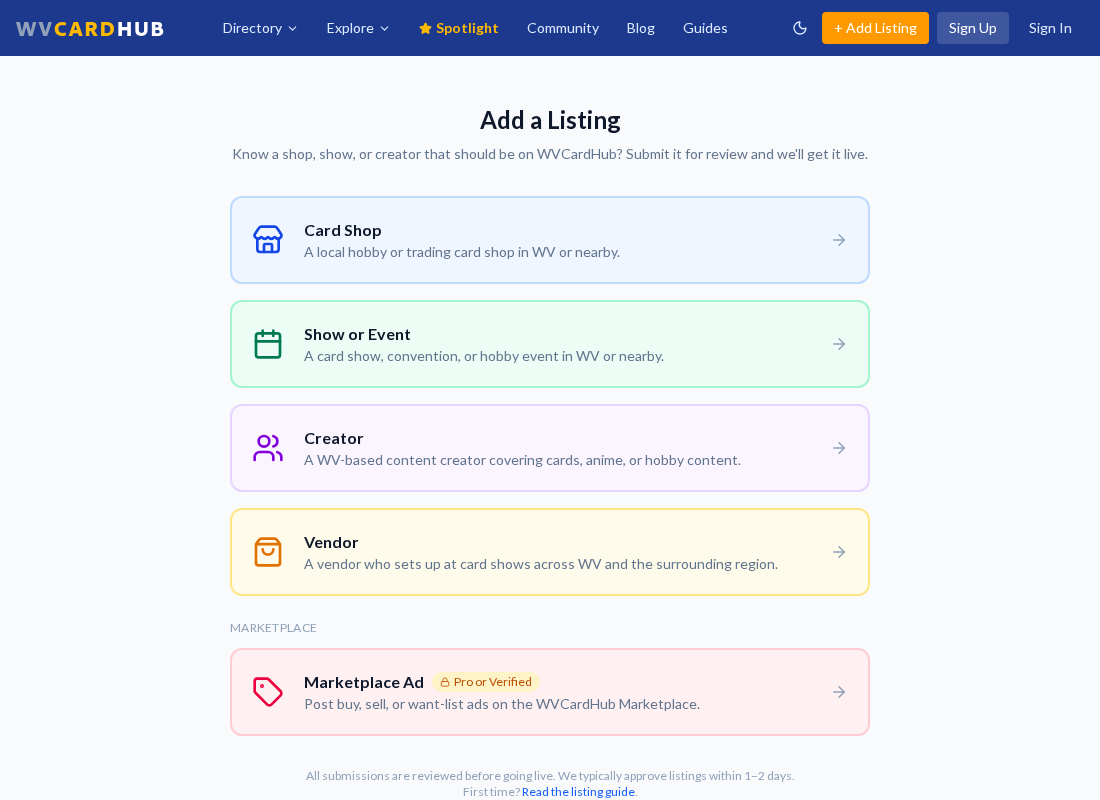 The Add a Listing page showing the four listing types: Card Shop, Show or Event, Creator, and Vendor